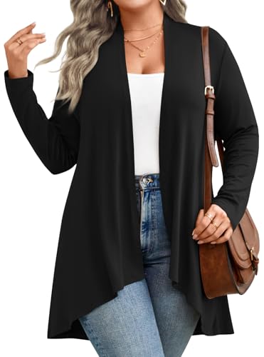 Anymiss Womens Plus Size Lightweight Cardigans 2026 Long Sleeve Jacket Open Front Kimono Black 3XL