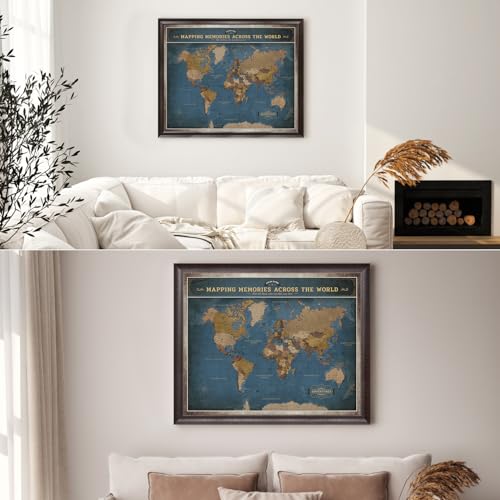 Image of DECORARTS - Large Personalized World Travel Map with Pins, Custom Name, Pin Board Canvas Wall Art, Navy Blue World Decor, Optional Wood Frame, Giclee Print, Handcrafted in USA, 35x28''