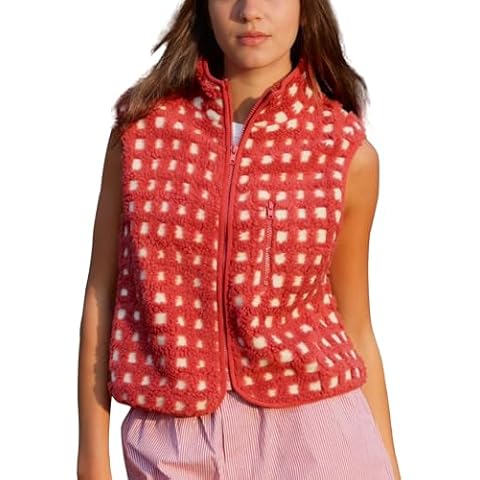 SeeLuNa Womens Checkered Sherpa Vest Sleeveless Winter Fleece Jacket High Neck Zip Up Plaid Gilet with Chest Pocket(Red,L) Cover