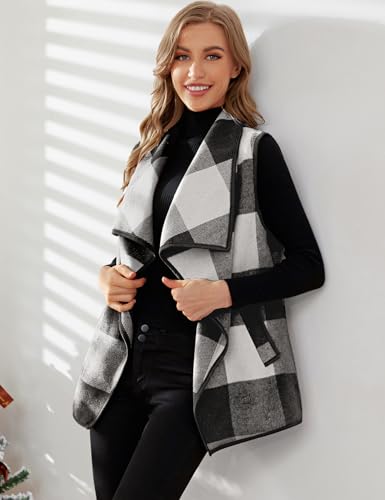 YACUN Women Plaid Vest Lapel Open Front Sleeveless Jacket Outerwear Cardigan with Pockets4
