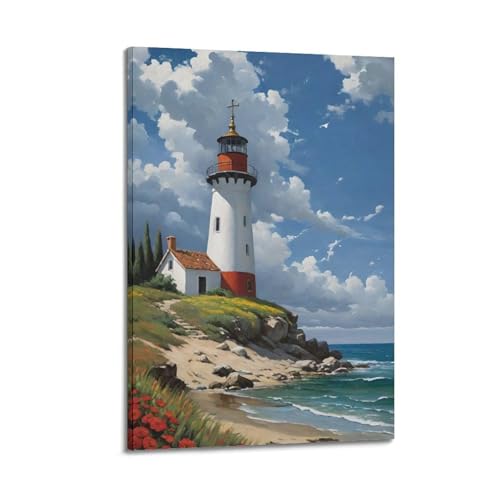 Peinture à l'huile phare vue panoramique 40x60 cm encadrée