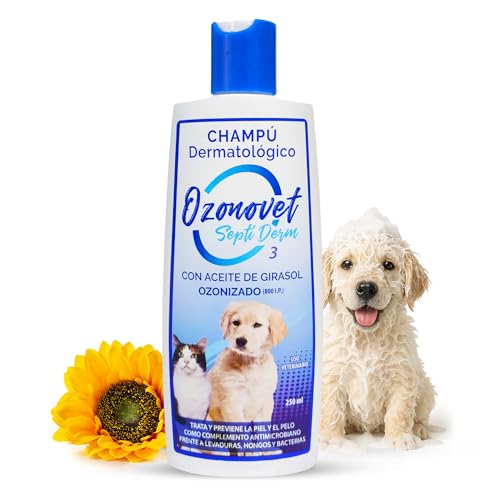 Champu Dermatologico para Perros y Gatos con Dermatitis y Piel Sensible Solución 3 en 1 Limpia Desinfecta e Hidrata - Champú 100% Natural con Aceite de Girasol Ozonizado Fácil Aplicación -1 Unidad