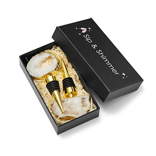 Sip And Shimmer Crystal Wine Bottle Stoppers – 2-Pcs Set Gemstone Champagne Stoppers For Bottles – Cute Wine Accessories For Bridal Shower, Wedding, Party – Gold Geode Decorative Wine Stoppers #TOP5