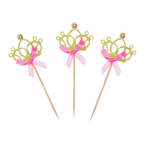 Morndew 24 Pcs Gold Glitter Princess Crown Cupcake Toppers Tiara Cupcake Toppers With Pink Bows For Kids' Birthday Party Wedding Party Baby Shower Decorations #TOP2