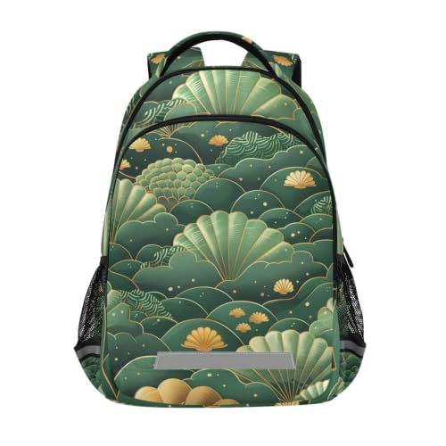 LINNIKEEEE ÉVentails Verts DoréS éLéGants Enfant Cartable Sac À Dos Ecole Étudiant Scolaire Sac pour Voyage Ados