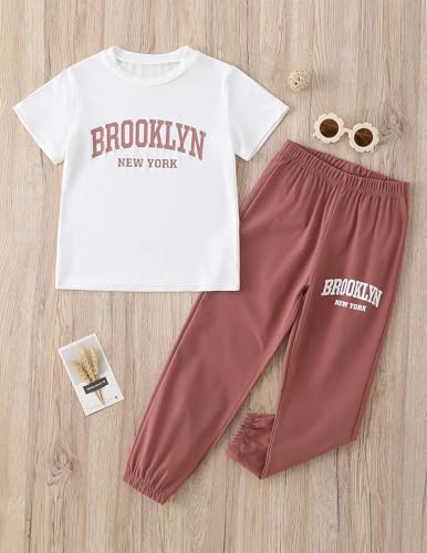 Image of Girls 2 Piece Pants Sets Graphic Cute T-shirt and Jogger Pants Girls Outfits for Casual, Dance Brick Red /White 9-10 Years