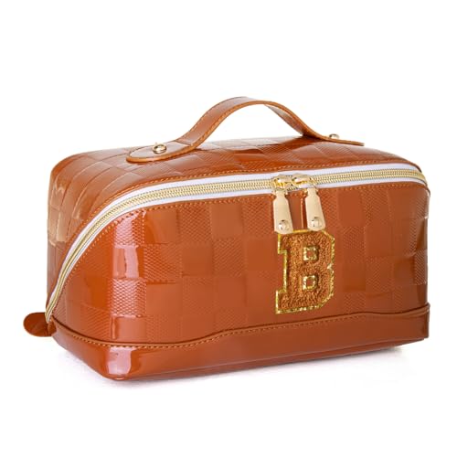 Initial Makeup Bag Large Capacity Travel Cosmetic Bag for Women PU Leather Open Flat Toiletry Bag with Handle and Divider Personalized Gifts for Women (Brown B)