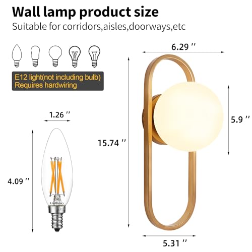 Gold Wall Lamp Sconces Set of 2 with White Globe Glass Shade - Living Room & Bedroom Wall Lights - Image 4