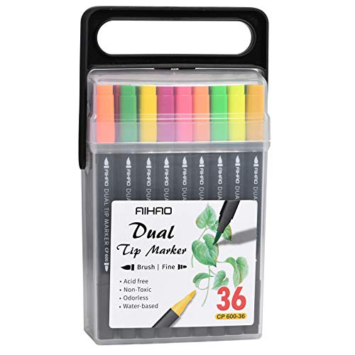 Aihao Markers For Kids,Dual Tip Markers Set, Brush & Fine Tips, 36 Pack, Super Washable Markers With Stand Portable Box, Pens For Coloring, Doodling, Sketching, Art Supplies For Drawing, Journaling #TOP3