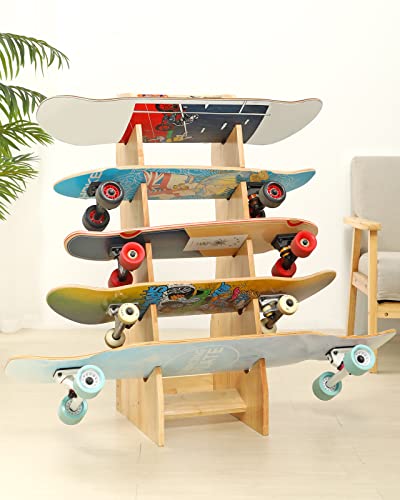 Ahowpd Skateboard Rack Floor Stand Holders Skateboards Storage Oak Soild Wooden, Five-Layer Organizer For Deck, Longboard, Standard Skateboard, Mini Cruiser Skateboard #TOP1