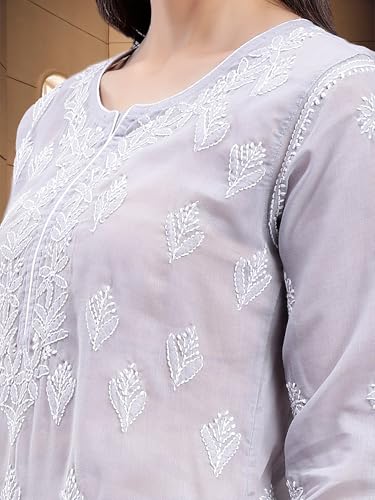 Image of Seva Chikan Hand Embroidered Lucknowi Chikankari Terivoil Cotton Regular Fit Straight Kurta for Women SCL4351
