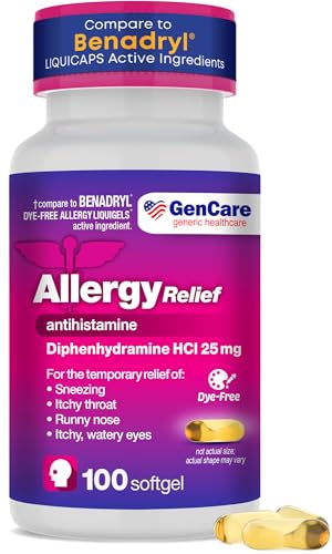 GenCare Allergy Relief Medicine – 100 Softgels – Diphenhydramine 25mg – Antihistamines for Adults for Congestion, Sneezing, Runny Nose, Itchy Eyes & Throat – Generic for Dye Free Liquid Gels