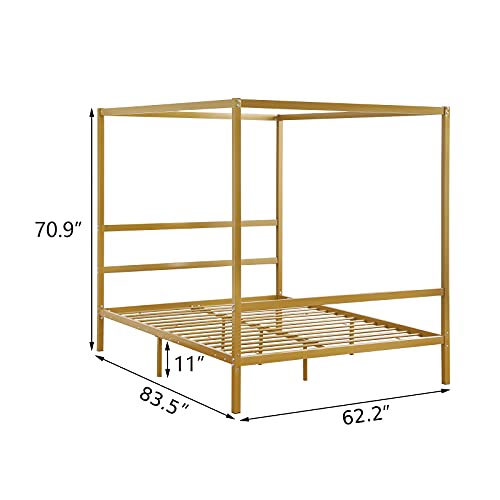 Vingli Gold Canopy Bed Frame Queen Size With Headboard, Four Poster Bed Frame Queen, Metal Canopy Platform Bed Frame With Heavy Duty Steel Slat, Noise Free #TOP1