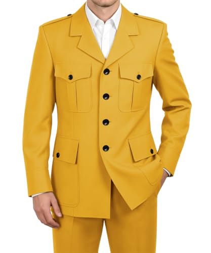 Wrycay Men's Safari Suit Military Style 2 Piece Suit Set,Yellow,L