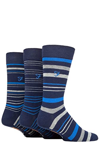 Farah Mens Argyle, Patterned and Striped Cotton Socks Pack of 3 Navy/Blue Stripe 6-11
