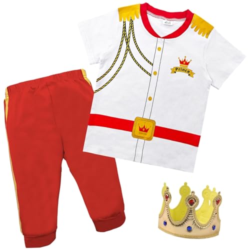 Gzwtbtf Toddler Boy Prince Charming Costume Outfit,Cute Royal Prince Costume Shirt,Halloween Prince Cosplay Dress Up Party for Kids Boys, Medieval King Prince Golden Crown Tee Tops,3T