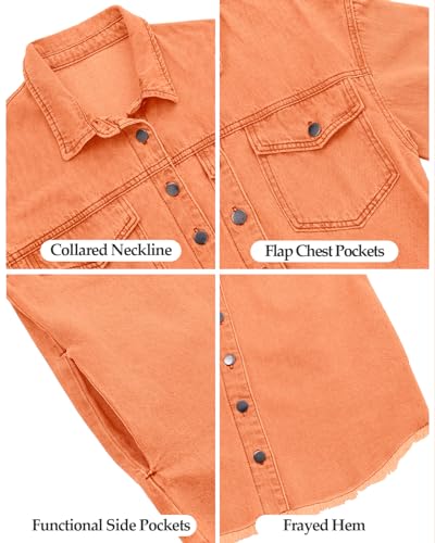 Vetinee Oversized Jean Jacket for Women Orange Front Button Up Frayed Raw Hem Long Sleeve Pockets Denim Jean Jacket Shacket Large Size 12 Size 14