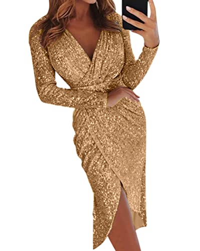 Oanviso Abendkleid Damen Knielang Elegant Ballkleid Langarm Glitzerkleid Partykleid Midi Kleider Bodycon Bleistiftkleid Enges Kleid Glitzer Etuikleid...
