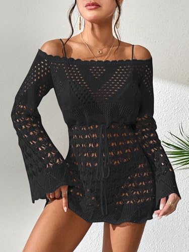 OYOANGLE Women's Crochet Hollow Out Long Sleeve Off Shoulder Beach Dress See Through Cover Up Swimwear4