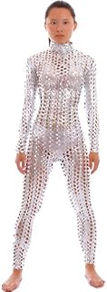 Seeksmile Unisex Hollow-Carved Shiny Lycra Dancewear Catsuit Bodysuit (Small, Silver)