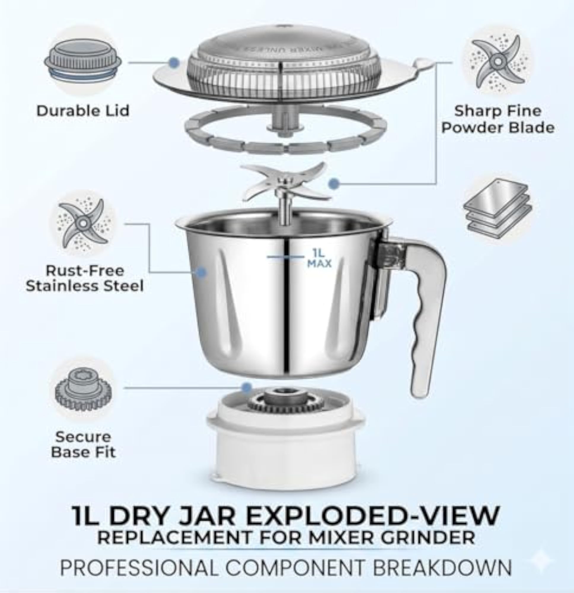 1 Litre Steel Mixer Grinder Dry Jar for Sujaata