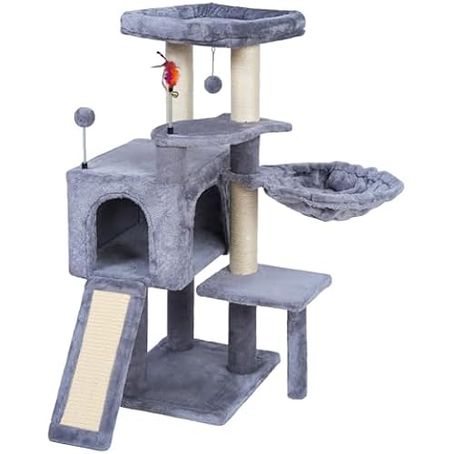 AIWIKIDE Cat Tree Has Scratching Toy with A Ball Activity Centre Cat Tower Furniture Jute-Covered Scratching Posts (Grey, 36.6'')