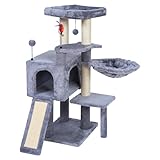 AIWIKIDE 35.4'' Multifunction Cat Tree with Cozy Hammock & Hanging Ball, Cat Tower with Activity Cat Condo & Jute-Covered Scratching Posts, Grey