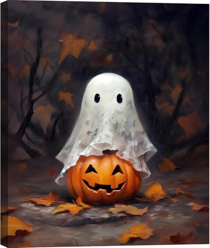 Cute ghost print poster on pumpkin, retro wall decoration printed