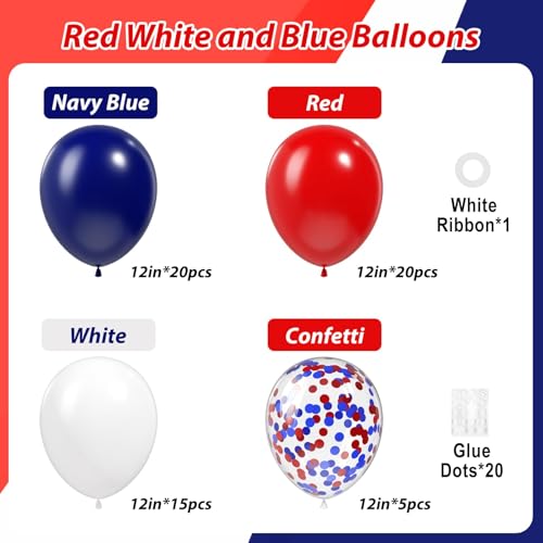 Image of 60pcs Red White and Blue Balloons 12inch, Navy Blue Confetti 4th of July Balloons for Fourth of July Graduation Birthday Party Decorations