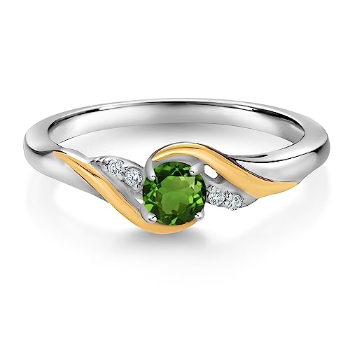 Gem Stone King 925 Sterling Silver and 10K Yellow Gold Round Green Tourmaline and White Lab Grown Diamond Engagement Ring For Women (0.28 Cttw, Gemstone Birthstone, Available In Size 5, 6, 7, 8, 9)2