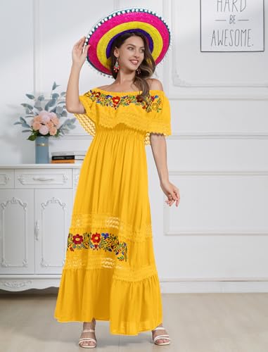 Image of ABEHIK Mexican Dress for Women Traditional Off Shoulder Embroidered Present Casual Lace Long Maxi Dress Cinco de Mayo Outfit