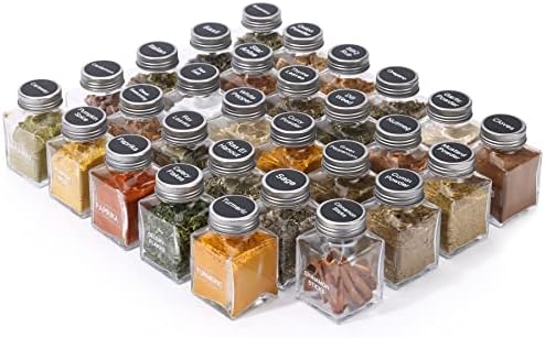 49-Pack Cube Glass Spice Jars with 372 Labels, 49 Shakers, Lids, 4.5 oz Empty Square Spice Bottle, Reusable Clear Kitchen Spice Storage Containers