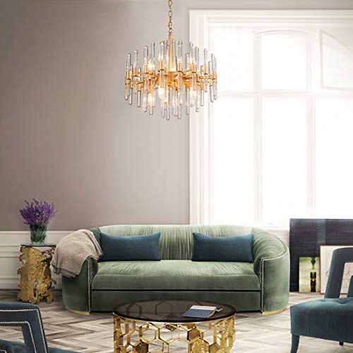 Tzoe Modern Chandeliers,Crystal Chandelier,8 Light Round Pendant Light Width 19 Inches Brass Metal + Clear Glass Adjustable Height Ul Listed #TOP7