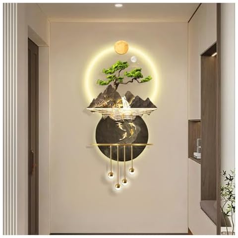 Wall Hanging Decor with Led Light Wall Art Decor with Metal Ball Pendant Oriental Decor Traditional Chinese Feng Shui Wall Hanging Painting for Living Room, Entrance, Corridor(Yellow,27.5*55.12in) Cover