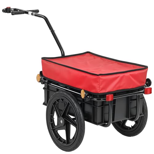 HOMCOM Remolque de Bicicleta para Carga 40 kg, Carro de Mano con Cubierta de Tela Oxford Impermeable, Reflectores, Marco de Acero y Asas para Transporte de Equipaje, 144x59x80 cm, Rojo
