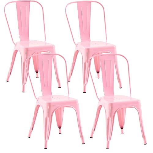 Image of Metal Dining Chairs with Backrest, Stackable, Pink, 4 Pack | Easy Assembly, Non-Slip Feet, 330 lb Capacity, Kitchen, Restaurant, Cafe, Pub, Covered Patio