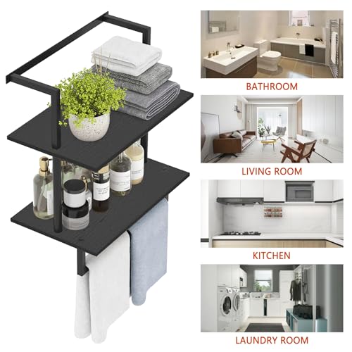yeavs Wall Mounted Towel Rack for Bathroom, Bath Storage Holder 3-Tier Steel Wood Towel Shelf with Bar, Black