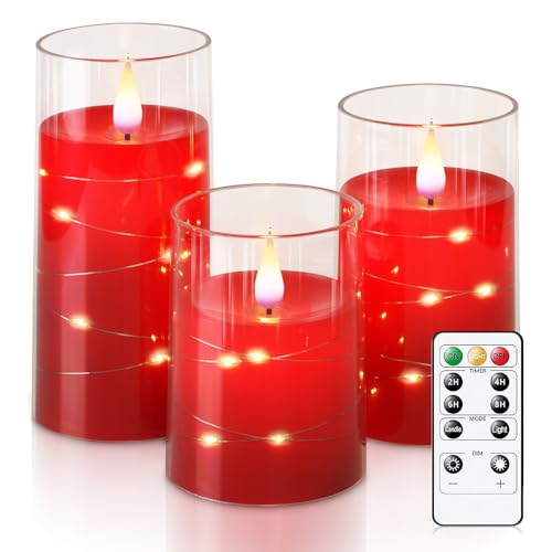 Image of Homemory Flickering Flameless Candles with String Lights, Battery Operated Candles, Embedded String Lights LED Candles, Unbreakable Plexiglass Candle with Remote, Set of 3, Red