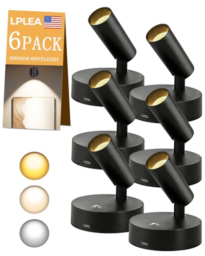 XYCCRX 6PACK Dimmable Indoor Spotlights - LED Rechargeable 350° Rotatable Wireless Lighting, with 3 Colors for Plants, Paintings, and Artwork Accent Lighting (Black)