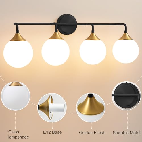 Ritakcdn Bathroom Light Fixtures, 4-Light Black Gold Bathroom Vanity Lights Over Mirror, Modern Farmhouse Wall Sconce Lighting with Milk White Glass Ball Shades by Ritakcdn - Used condition - Image 4