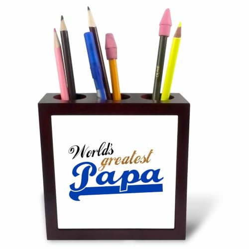 3dRose Worlds Greatest Papa - Best dad in the world - blue text on white - great for fathers day 5 inch tile pen holder