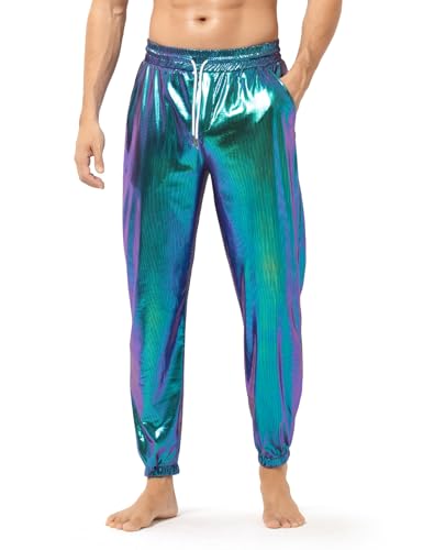 Casey Kevin Men's Metallic Pants with Pockets Nightclub Party Sweatpants Shiny Sparkly Disco Pants,Aurora Blue-3212,Large