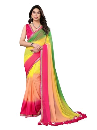 Image of RAJESHWAR FASHION WITH RF Women's Fancy Desian Ombre Georgette Saree For Women With Latkan Tassels Lace Border & Unstitched Blouse