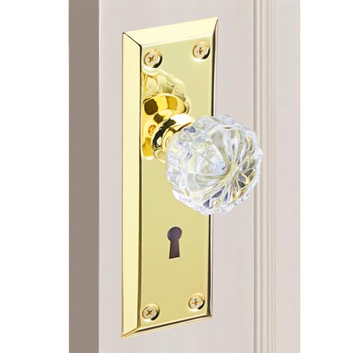 MaxxGeek Door Knob Interior, Antique Door Knob, VAntique Bifold Door Knobs Replacement, Fits 1-3/8"- 1-3/4" Interior Doors, Gold/Polished Brass Glass Ball Handle(Without Keys and Locks)