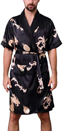 AIEOE Men's Satin Bathrobe Nightgown Silky Kimono Robe Loungewear Short Sleeve Sleepwear Pajama Set with Shorts