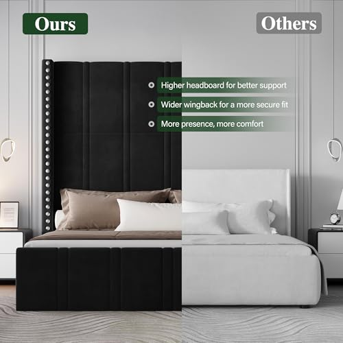 Uteeran King Size Bed Frame with 65.75" Tall Headboard, Luxury Velvet Upholstered Platform Bed with Storage Pockets, Wide Wingback Design, Noise-Free, Easy Assembly, No Box Spring Needed, Black - Image 6