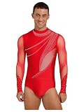 Aislor Body da Ballo Latino Uomo Strass Body da Pattinaggio Artistica Leotards Danza Classica Moterna Jumpsuit Abito da Balletto Jazz Tango Samba Rumba Rosso XL