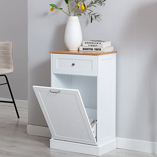 Freestanding Tilt-Out Trash Cabinet With Cutting Board - White Kitchen Garbage Station With Hidden Storage