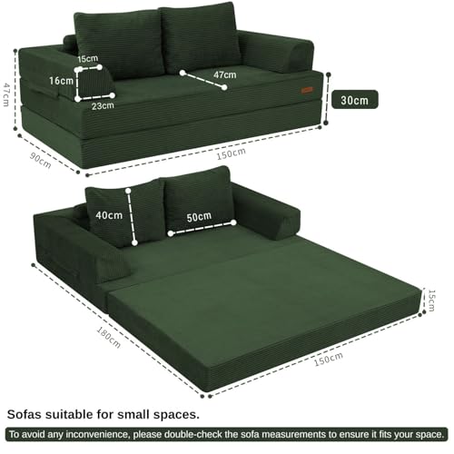 Sofá de dos plazas MeMoreCool sofá cama convertible plegable de pana verde con almohadas cómodas 3