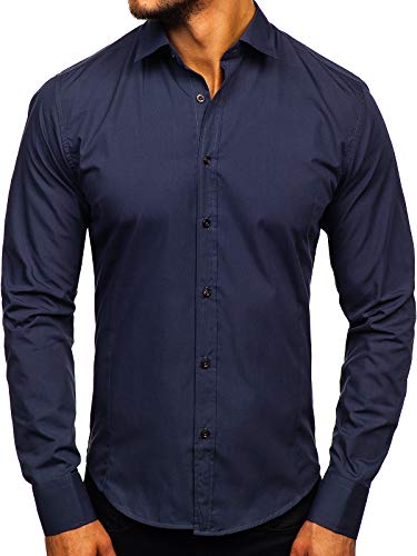 BOLF Hombre Camisa de Manga Larga Camisa Oficial Elegante Camisa de Negocios Camisa de Vestir Clásico Slim Fit Estilo Casual 1703 Azul Oscuro M [2B2]
